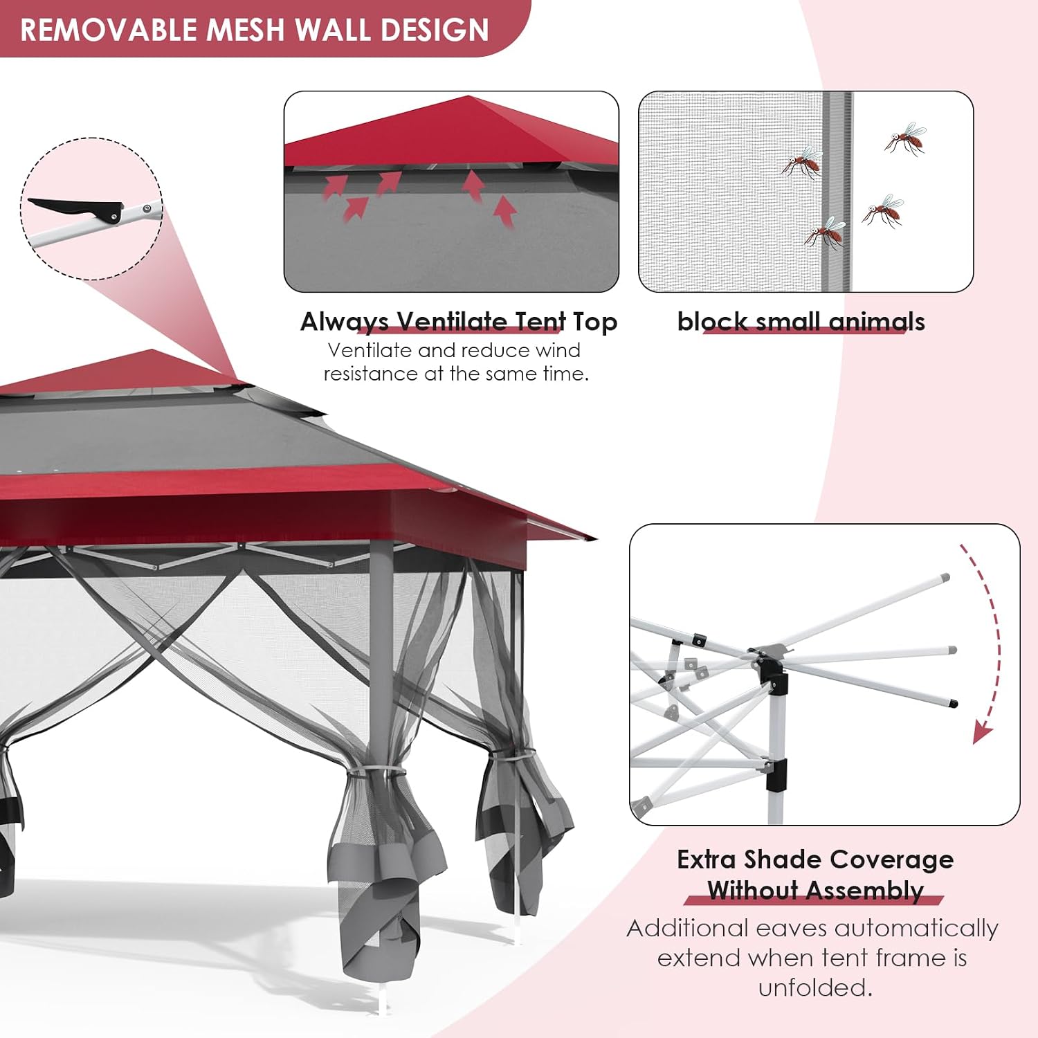 MAMIZO 13ft Pop Up Gazebo, Outdoor Instant Canopy Tent w/4 Netting Sidewall & Auto Extending Eave, Patio Gazebos Shelter w/Mesh Wall, Center Lock, Wheeled Bag for Garden, Yard (Red, 13X13FT)