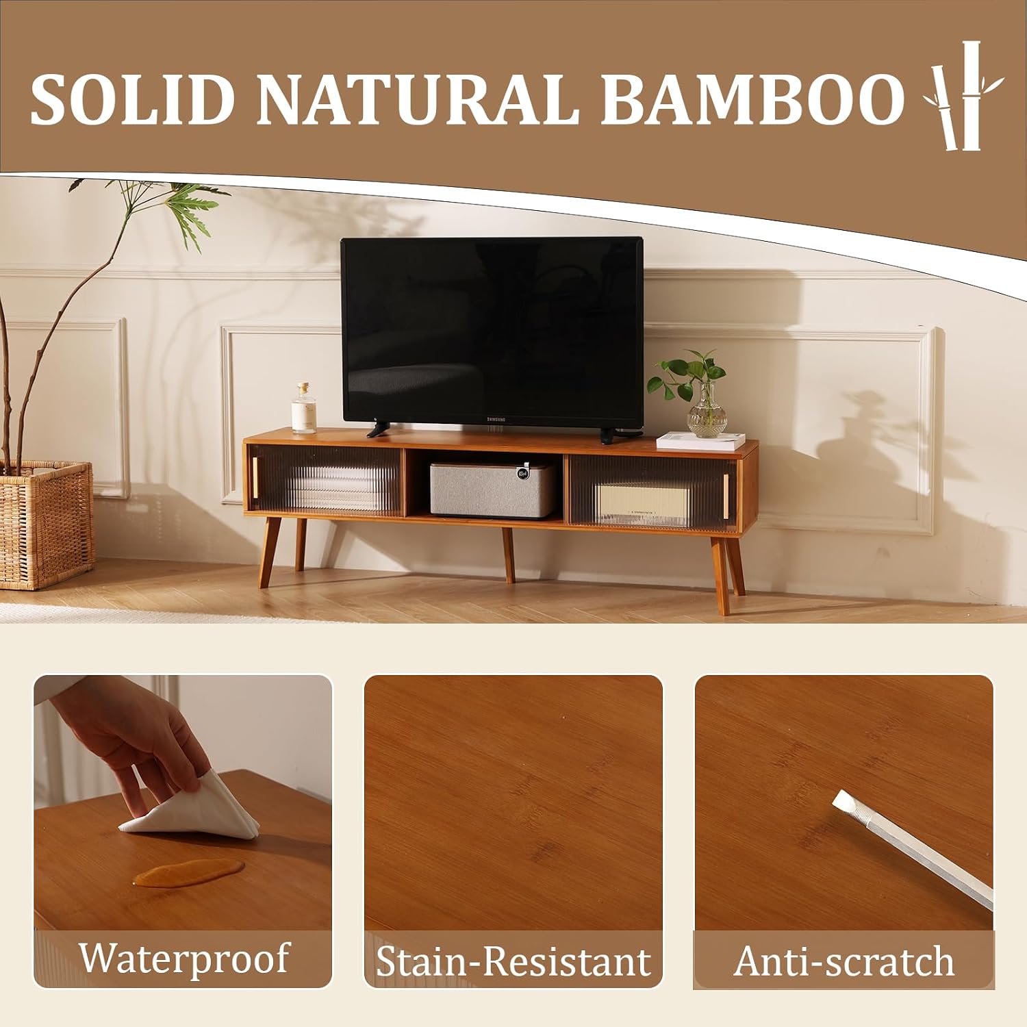 Baveke Bamboo TV Stand Entertainment Center tv Console, Mid-Century Modern Television Stand for 55-65 inch TVs, Wood TV Stand with Storage, Tv Stands for Living Room, Bedroom and Home Decor, Brown