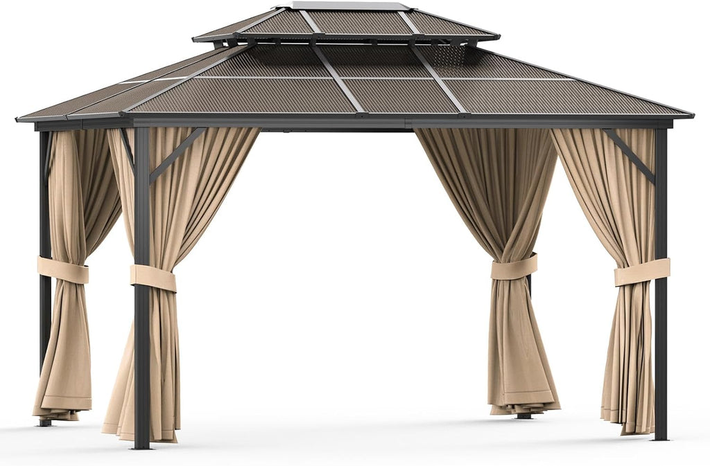 13' x 10' Hardtop Gazebo with Double Roof - Heavy Duty Aluminum Frame, All-Weather Canopy with Netting for Patio/Garden/Poolside (Khaki)
