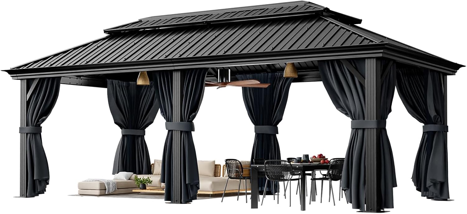 HOTEEL 12x20 Hardtop Gazebo with Metal Roof, Heavy Duty Galvanized Steel Gazebo with Reinforced Aluminum Frame, Flame-Resistant Curtains and Netting, Suitable for Gazebo 10x20, Black (Upgraded 1.0)