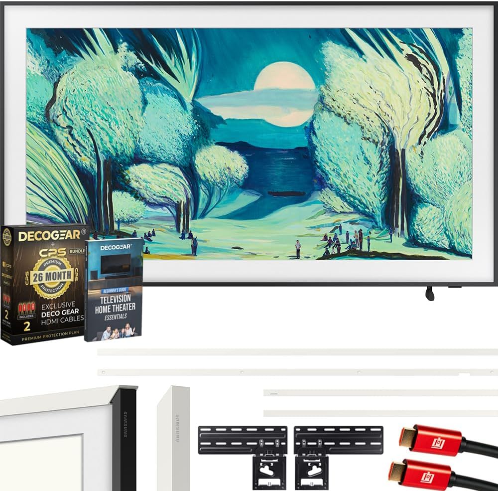 Samsung QN55LS03FA 55' The Frame QLED 4K AI TV (2025) Bundle with Modern White Bezel, CPS 26 Month Protection, Slim Flat Mount, 2X HDMI Cables & Deco Gear Complete Home Theater Beginner's Guidebook