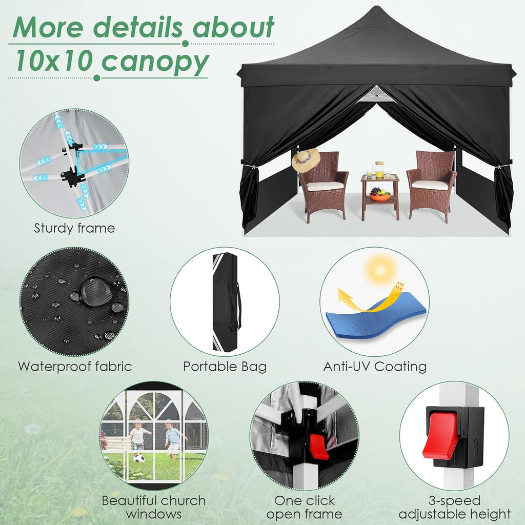 COBIZI Canopy 10x10 Pop Up Canopy Tent with 4 Sidewalls, Commercial Party Tent Ez Waterproof Outdoor Instant Gazebo UV 50+ Event Shelter, Garden Tents for Parties Camping with Sandbags, Black