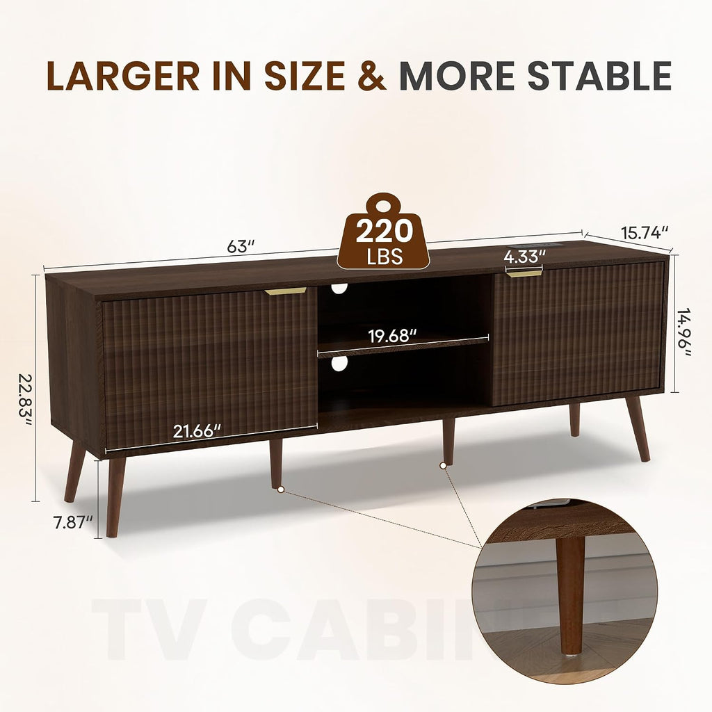 TV Stand for Living Room to 55/60/65/70 Inches, Mid Century Modern TV Consoles with Power Outlet, Entertainment Center with Door Cabinets and Open Shelves for Living Room, Bedroom, Walnut