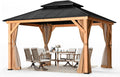 HAPPATIO 11' × 13' Wood Gazebo, Outdoor Hardtop Gazebo with Mosquito Netting and Curtains, Double Metal Roof Patio Hard Top for Garden, Patio, Deck, Parties (Brown)