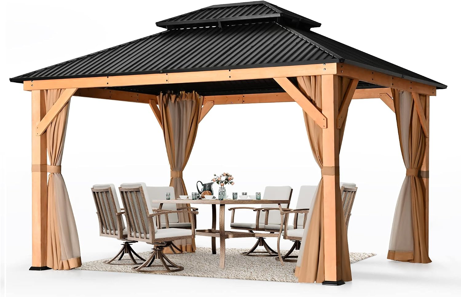 HAPPATIO 11' × 13' Wood Gazebo, Outdoor Hardtop Gazebo with Mosquito Netting and Curtains, Double Metal Roof Patio Hard Top for Garden, Patio, Deck, Parties (Brown)
