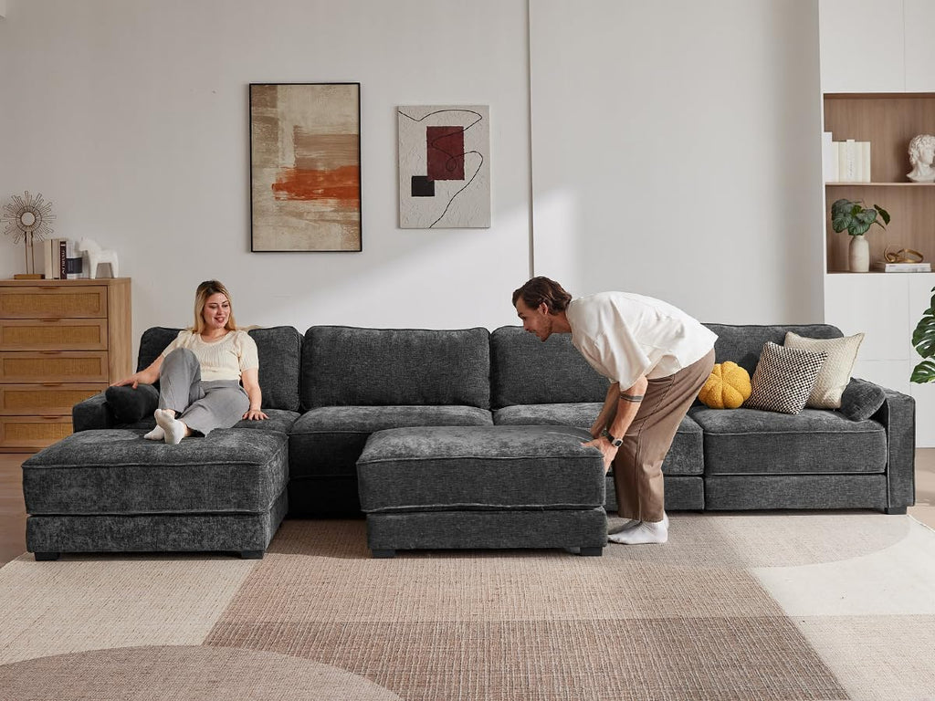 Vipbear 160' Oversized Modular Sectional Sofa, U Shaped Couch Set with 2 Pillows, 6 Seat Comfy Cloud Couches with 2 Movable Ottomans for Living Room, Bedroom and Apartment, Chenille Dark Grey