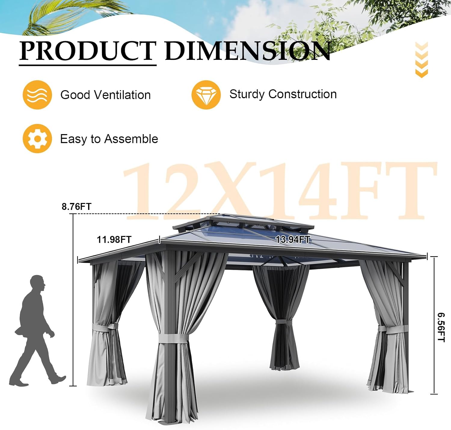 12' x 14' Gray Double Roof Gazebo with Polycarbonate Panels – Sturdy Aluminum Frame, Outdoor Pavilion with Curtains for Patio, Garden & Backyard
