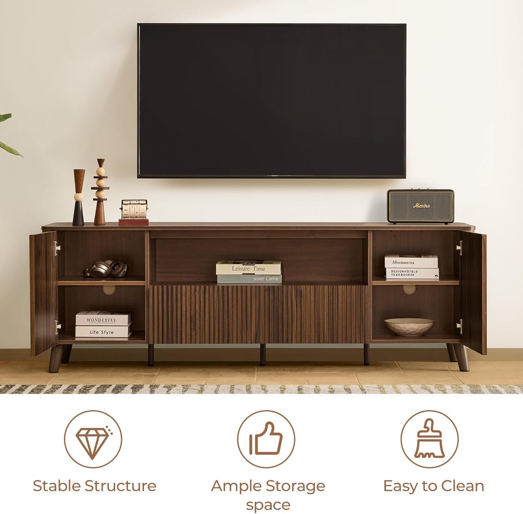 CHITA TV Stands for Living Room, Mid Century Modern TV Stand for 80 inch TV with Storage, Drawers, Adjustable Shelves, Walnut
