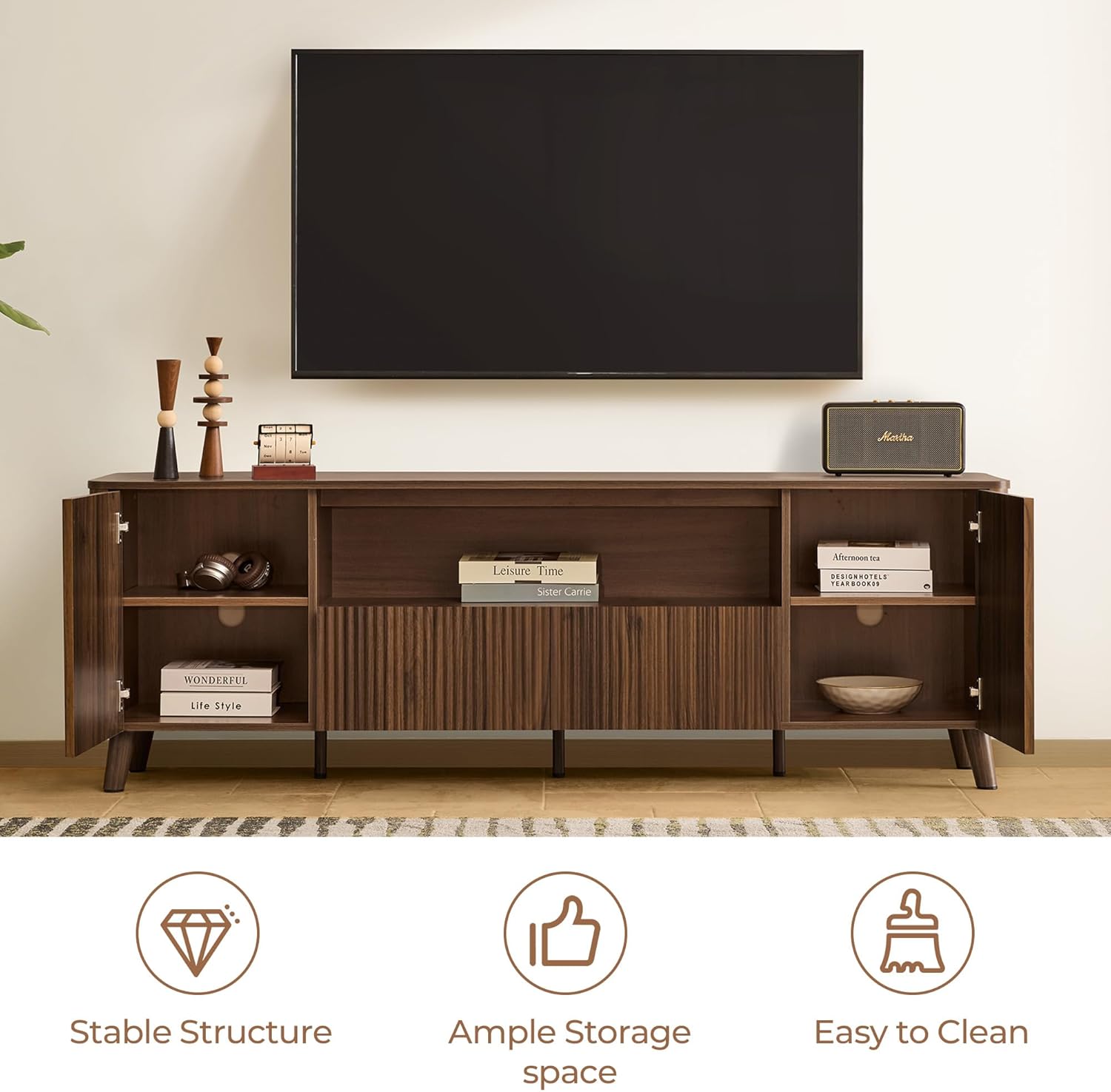 CHITA TV Stands for Living Room, Mid Century Modern TV Stand for 80 inch TV with Storage, Drawers, Adjustable Shelves, Walnut