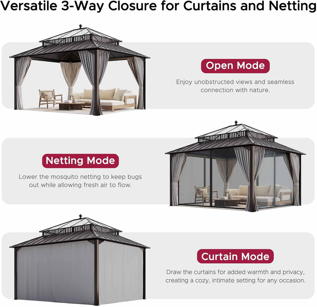 SUNJOY Kingston 14' x 12' Hardtop Gazebo with Galvanized Steel/Polycarbonate Double Roof, Curtain and Netting, Brown Aluminum Posts Permanent Pavilion Gazebo for Garden, Patio, Deck, Lawn