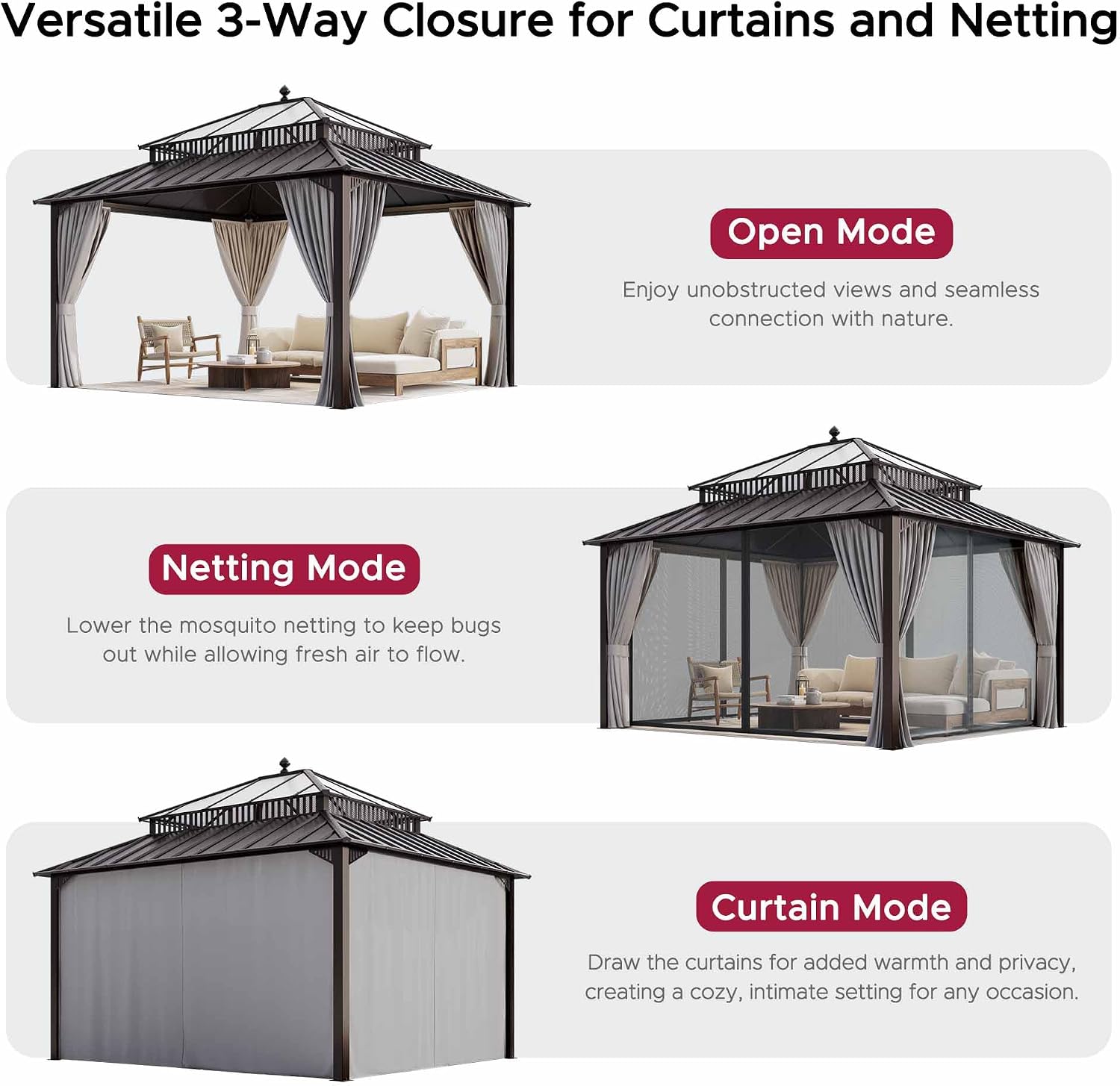 SUNJOY Kingston 14' x 12' Hardtop Gazebo with Galvanized Steel/Polycarbonate Double Roof, Curtain and Netting, Brown Aluminum Posts Permanent Pavilion Gazebo for Garden, Patio, Deck, Lawn