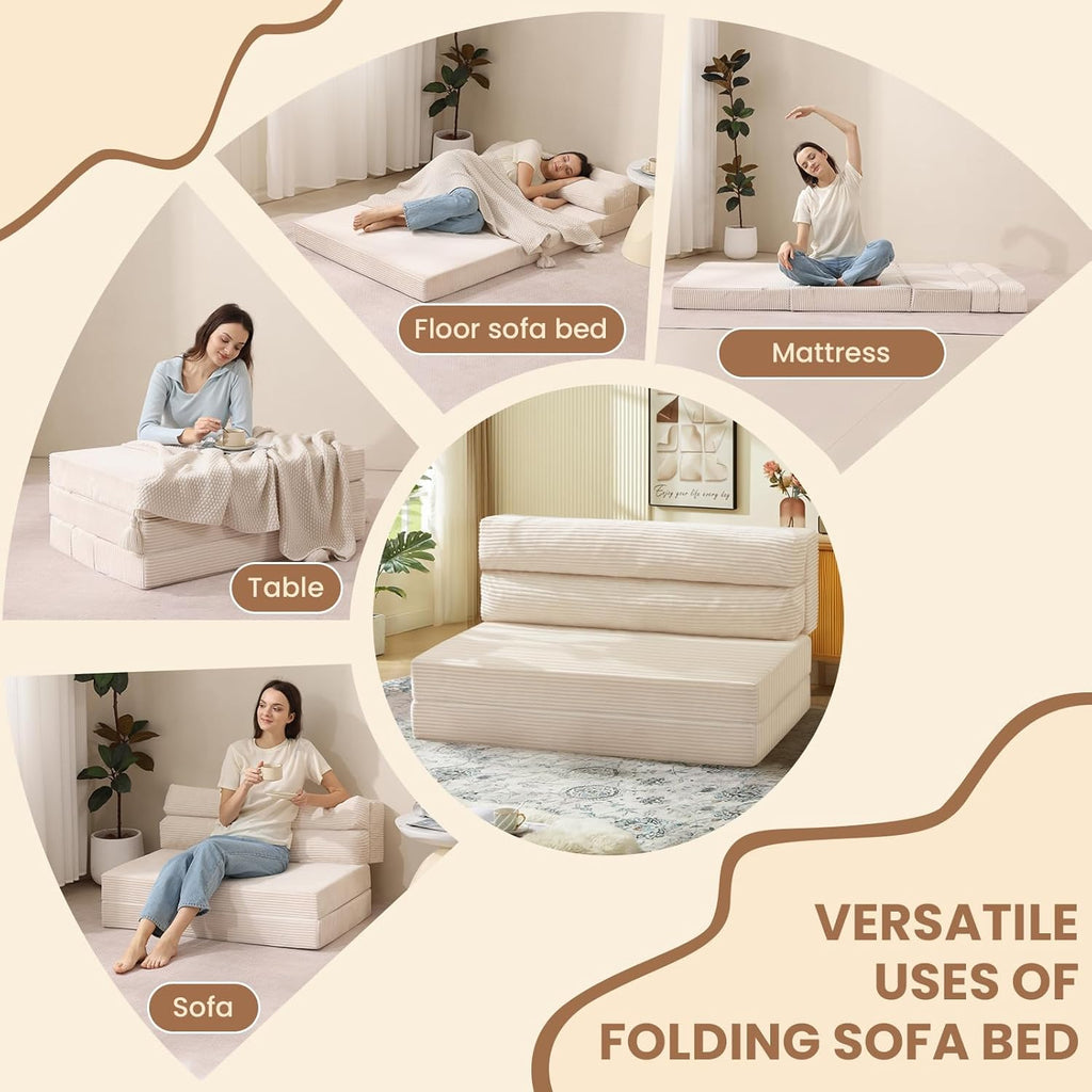 JUIKURY Folding Sofa Bed, Convertible Sleeper Chair with Pilow Foldable Matress, 2 in 1 Pull Out Loveseat Sofa Portable Fold Out Chair Bed Floor Couch Lounge for Living Room Bedroom (Beige, Queen)