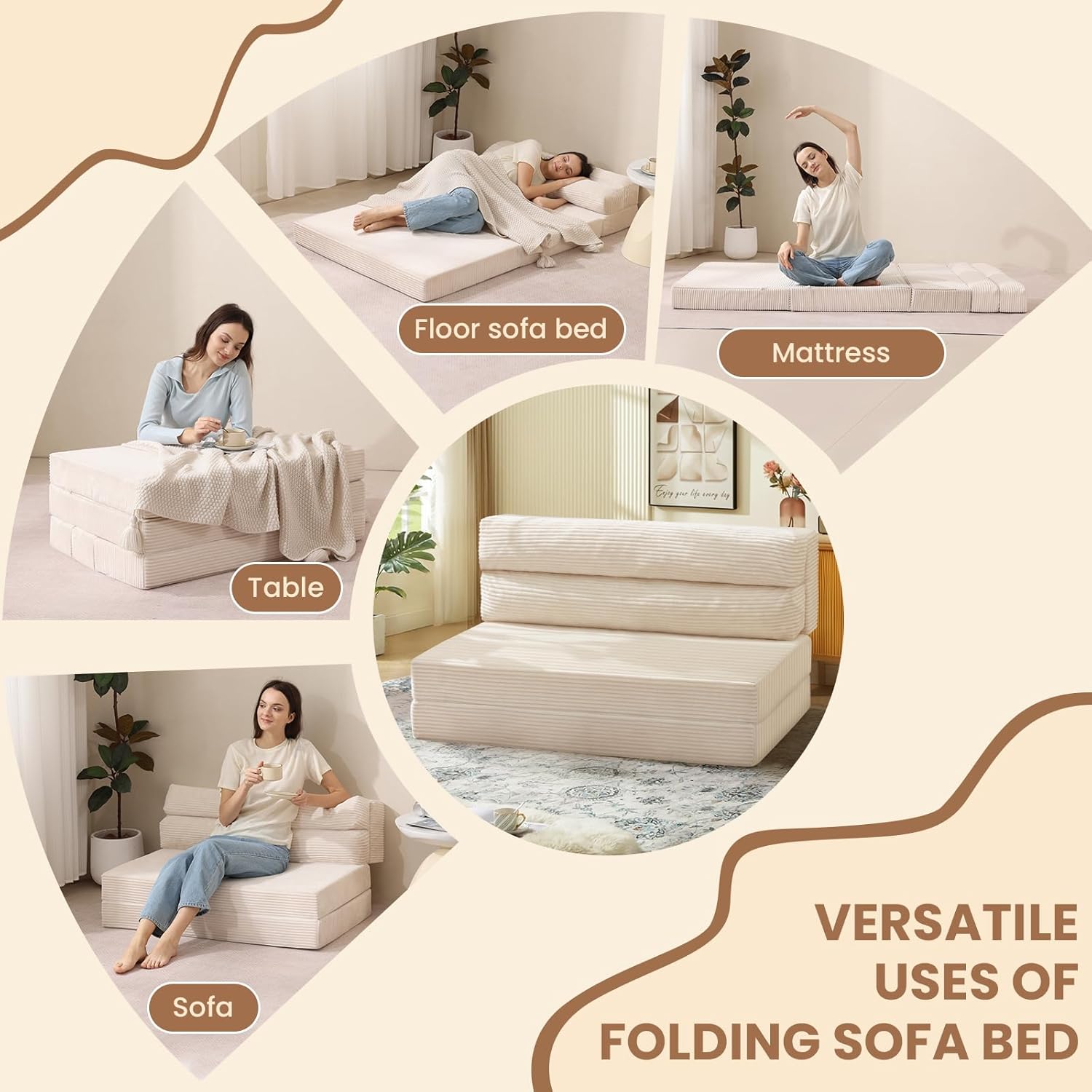 JUIKURY Folding Sofa Bed, Convertible Sleeper Chair with Pilow Foldable Matress, 2 in 1 Pull Out Loveseat Sofa Portable Fold Out Chair Bed Floor Couch Lounge for Living Room Bedroom (Beige, Queen)