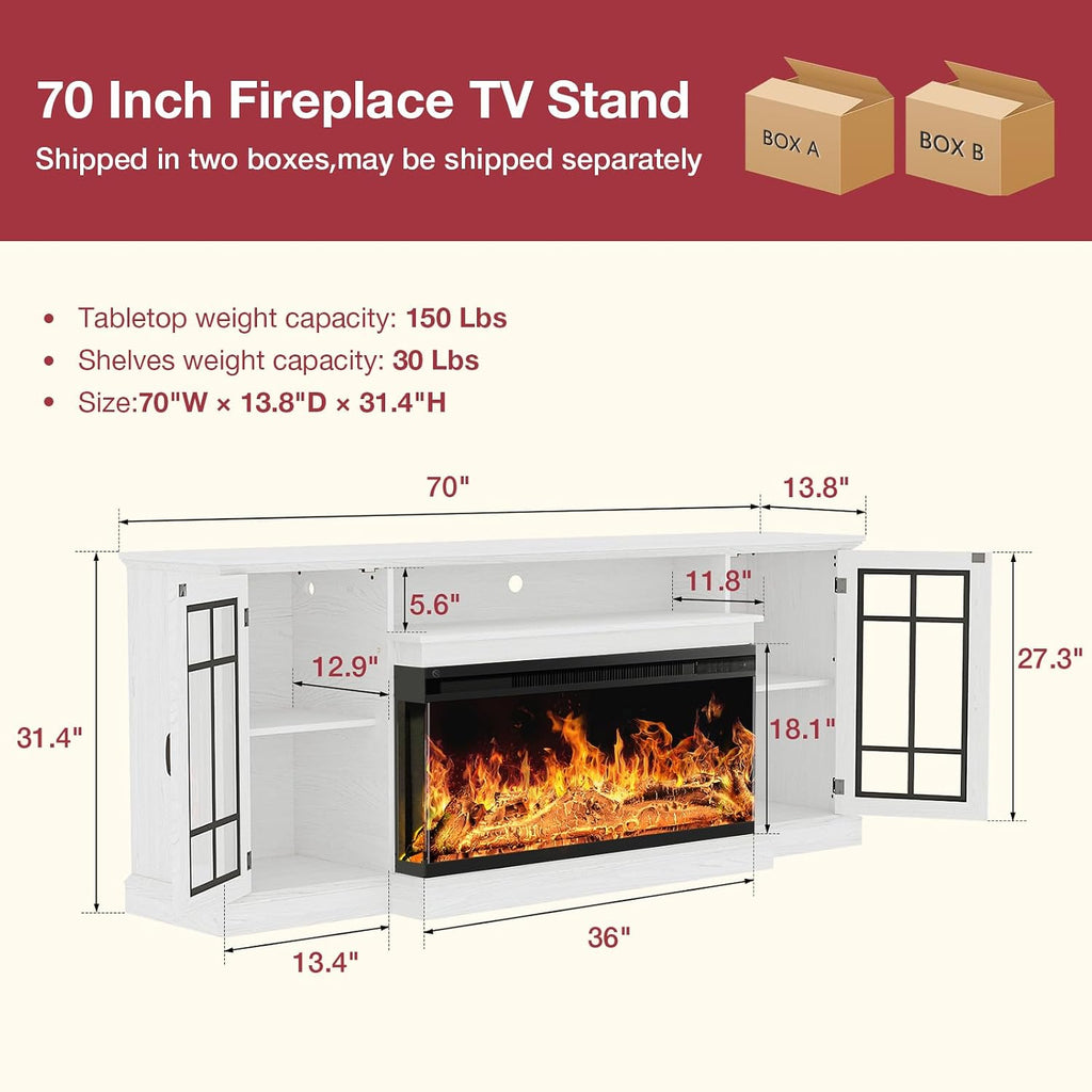 oneinmil 36 Inch 3-Sided Glass Fireplace TV Stand for TVs up to 80', Rustic Media Entertainment Center Console Table with Glass Door Closed Storage, Set of TV Table, White