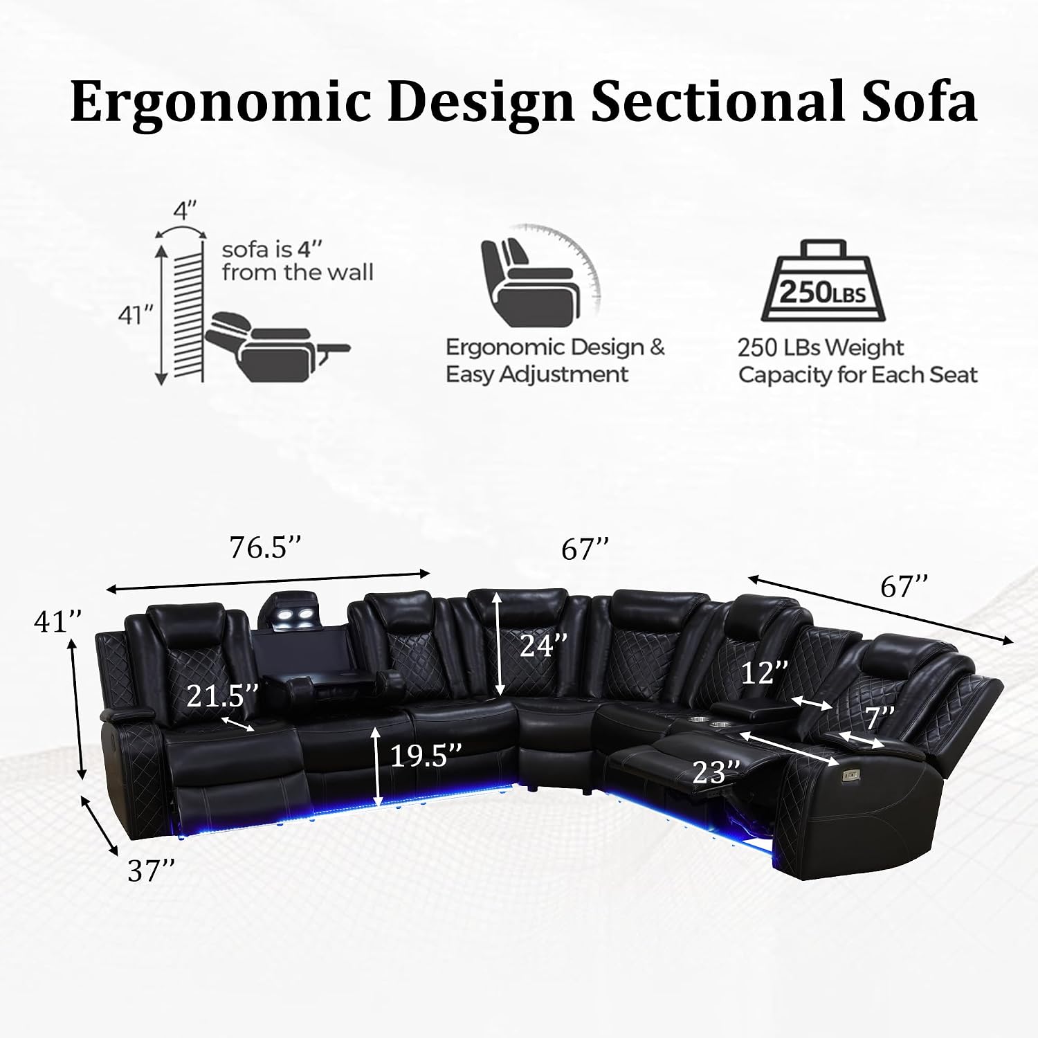 Power Recliner Sectional Couch for Living Room, Breathing Leather Reclining Sectional Sofa, 6 Seat L Shaped Reclining Couch with LED Lighting/Cup Holders/Strorage/USB Port (Black)