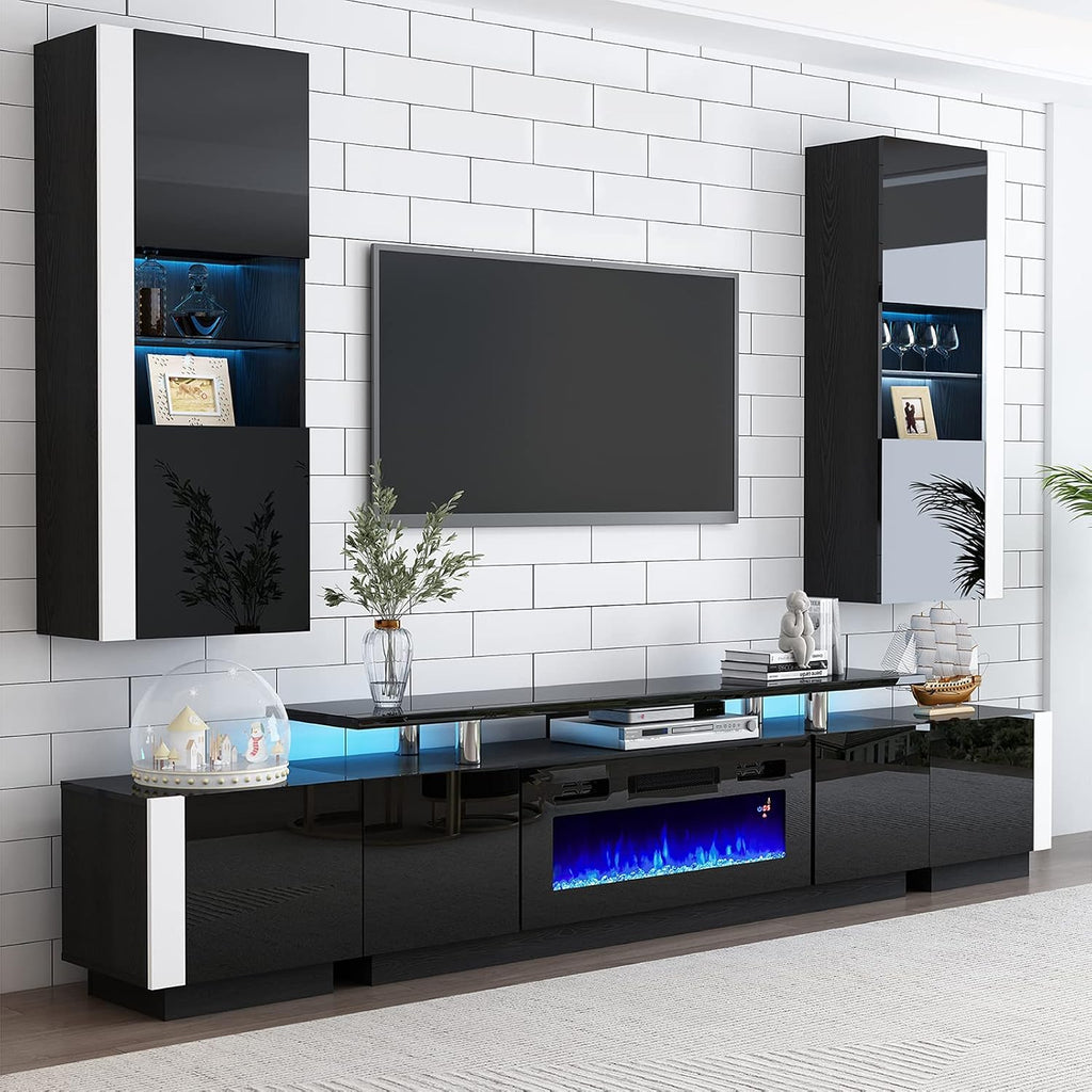 AMERLIFE 110' Large Fireplace TV Stand Set with 36' Electric Fireplace, Includes 70' 2-Tier Fireplace TV Stand, 2 x End Tables, Modern High Gloss TV Console with LED Light for Living Room, Black