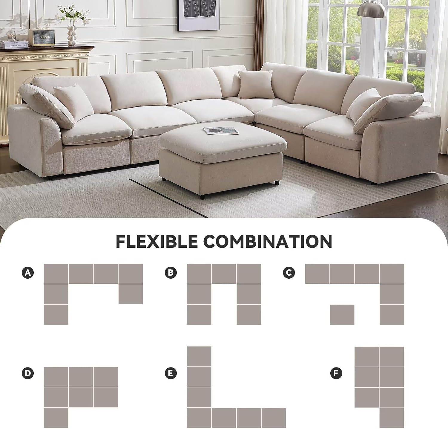 Siiejia Modular Sectional Sofa Modern Oversized Chenille Cloud Couch with Movable Ottoman 7 Seater L-Shaped Sofas Comfy Couches for Living Room Spacious Space Office Lounge, Beige