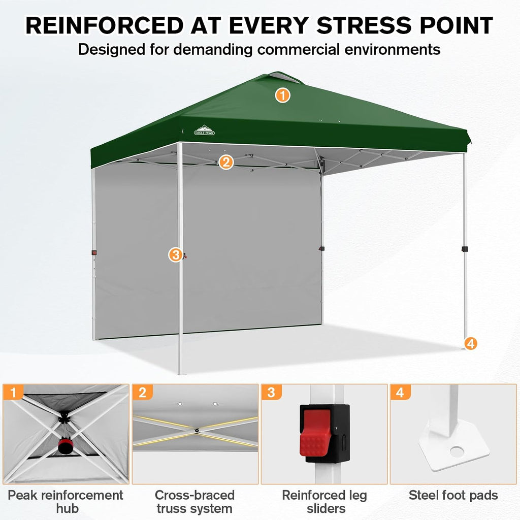 EAGLE PEAK Commercial Canopy 10x10 Pop Up Canopy Tent with 1 Sidewall, Easy Setup Heavy Duty Instant Event Shelter for Vendors & Markets, Outdoor Sun Shade, Green