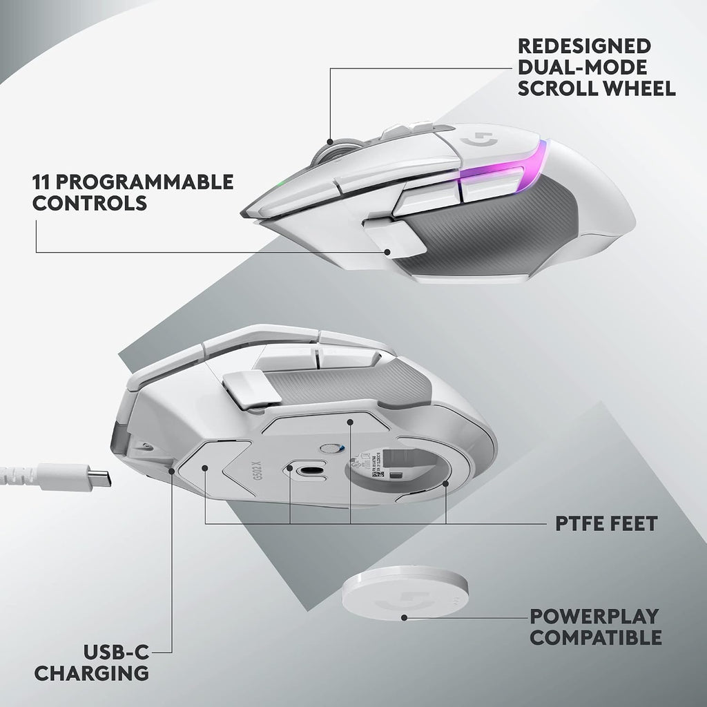 Logitech G502 X Plus Wireless Gaming Mouse: Optical Switches, LIGHTSYNC RGB, 13 Buttons, Infinite Scroll Toggle, <130 hr Battery Life, USB-C, PowerPlay Wireless Charging Capable, for PC/MacOS - White