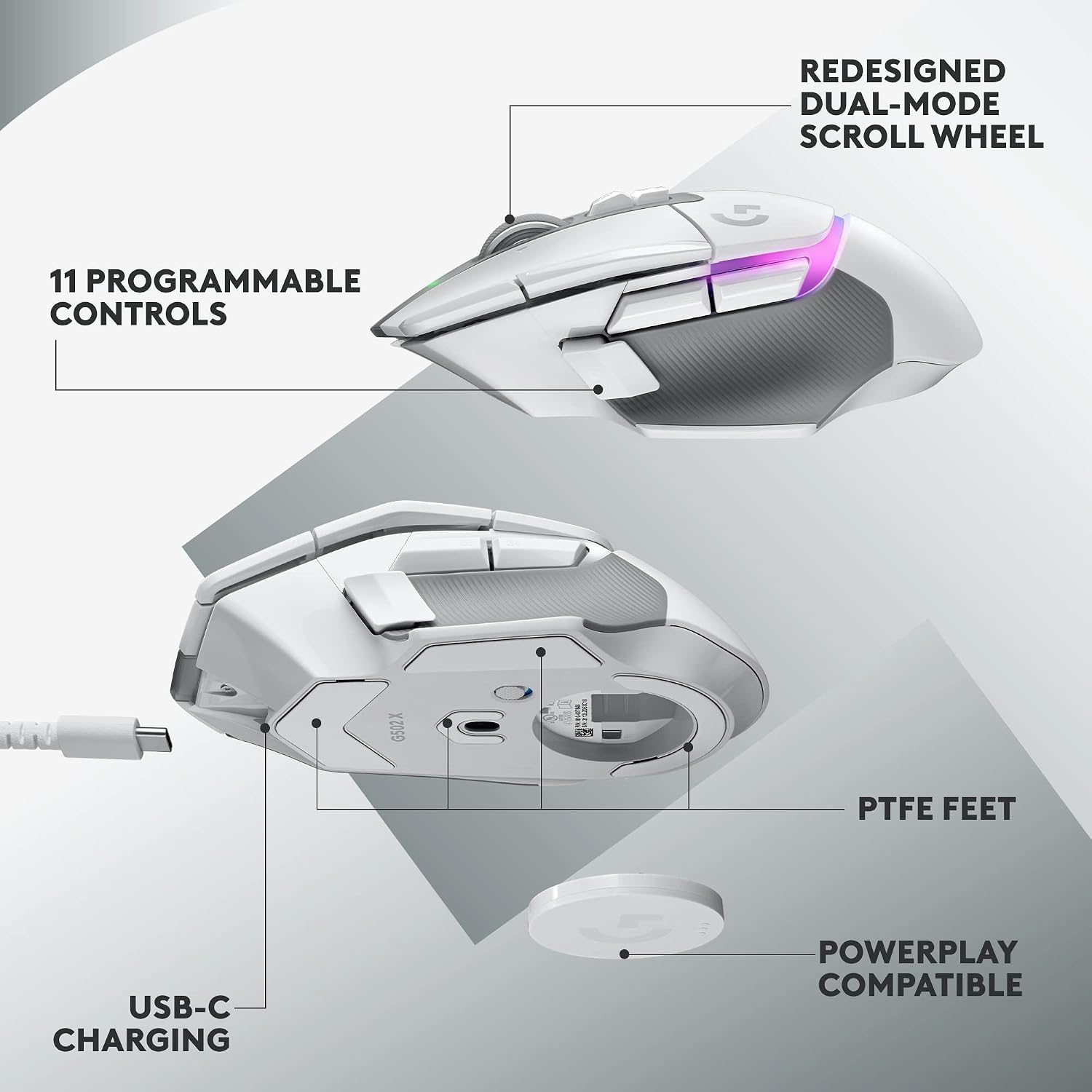 Logitech G502 X Plus Wireless Gaming Mouse: Optical Switches, LIGHTSYNC RGB, 13 Buttons, Infinite Scroll Toggle, <130 hr Battery Life, USB-C, PowerPlay Wireless Charging Capable, for PC/MacOS - White