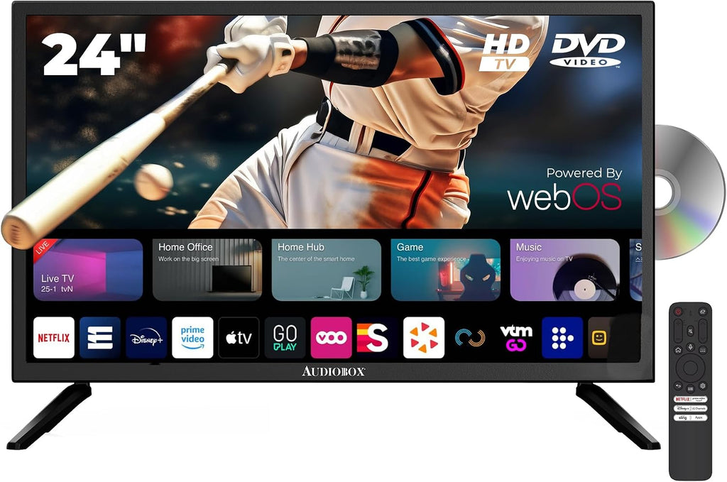 Audiobox Smart TV with Built in DVD Player – LED HDTV, AC/DC Compatible, Camper & RV TV for Travel, Home Entertainment, Gaming, HDMI, USB, VGA Inputs, 12V Cable Included, WiFi & Bluetooth (24-Inch)