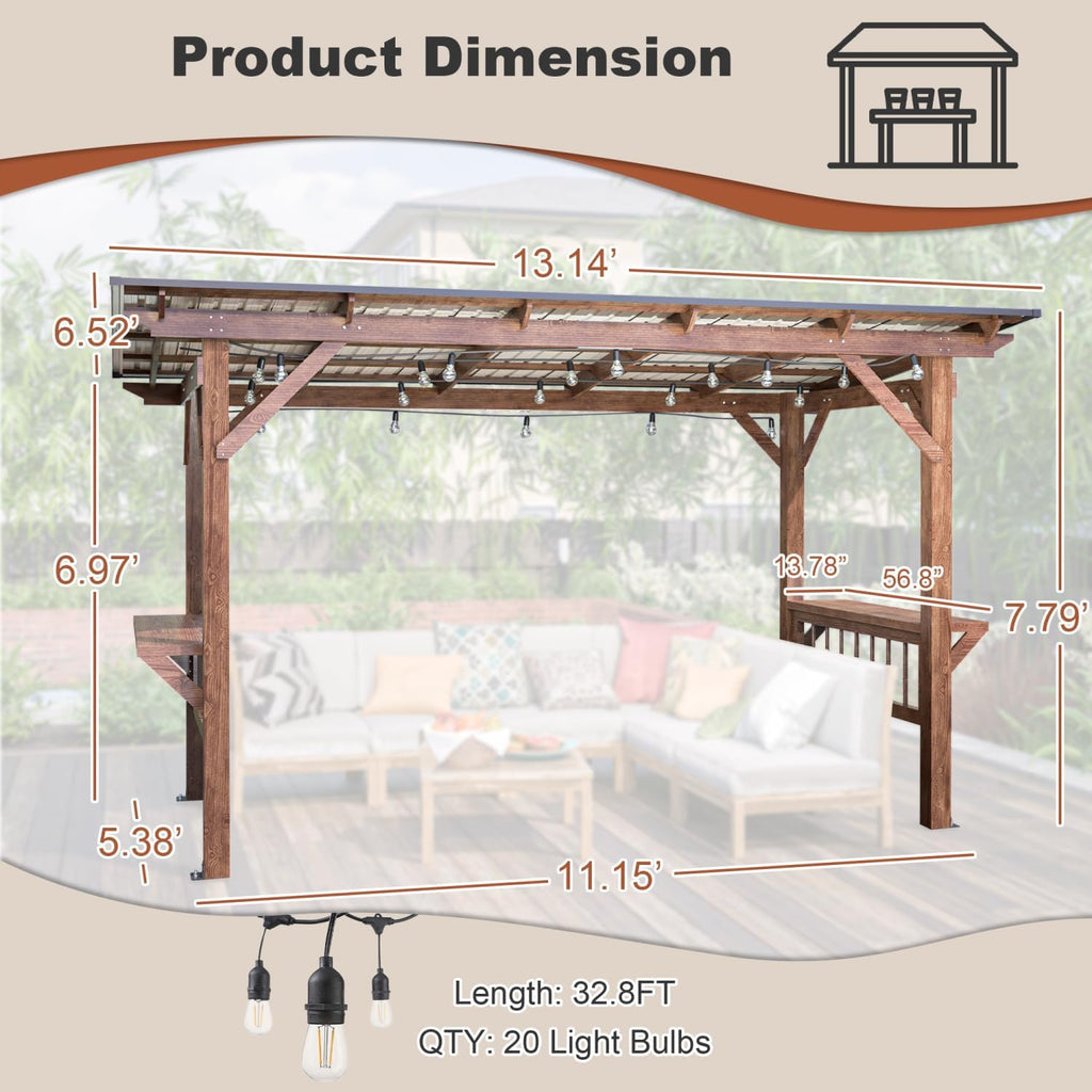 13' x 6.5' Wooden Pergola Grill Gazebo with Metal Roof & Counters Brown Spacious BBQ Outdoor Living