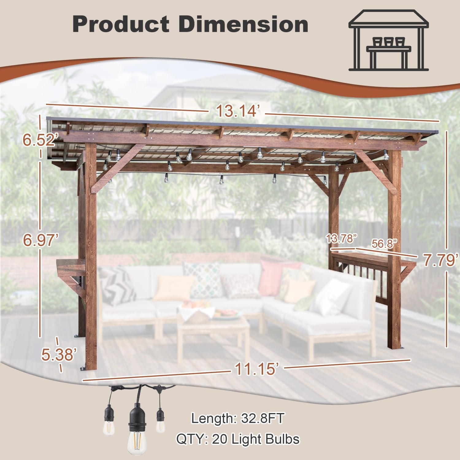 13' x 6.5' Wooden Pergola Grill Gazebo with Metal Roof & Counters Brown Spacious BBQ Outdoor Living