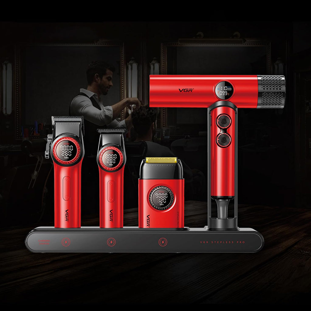 VGR Professional Barber Combo 4 in 1 – Cordless Hair Clipper, Trimmer, Foil Shaver & Powerful Hair Dryer Set for Men, 9000 RPM Motor, Long Battery Life, All-in-One Grooming Kit (Red)