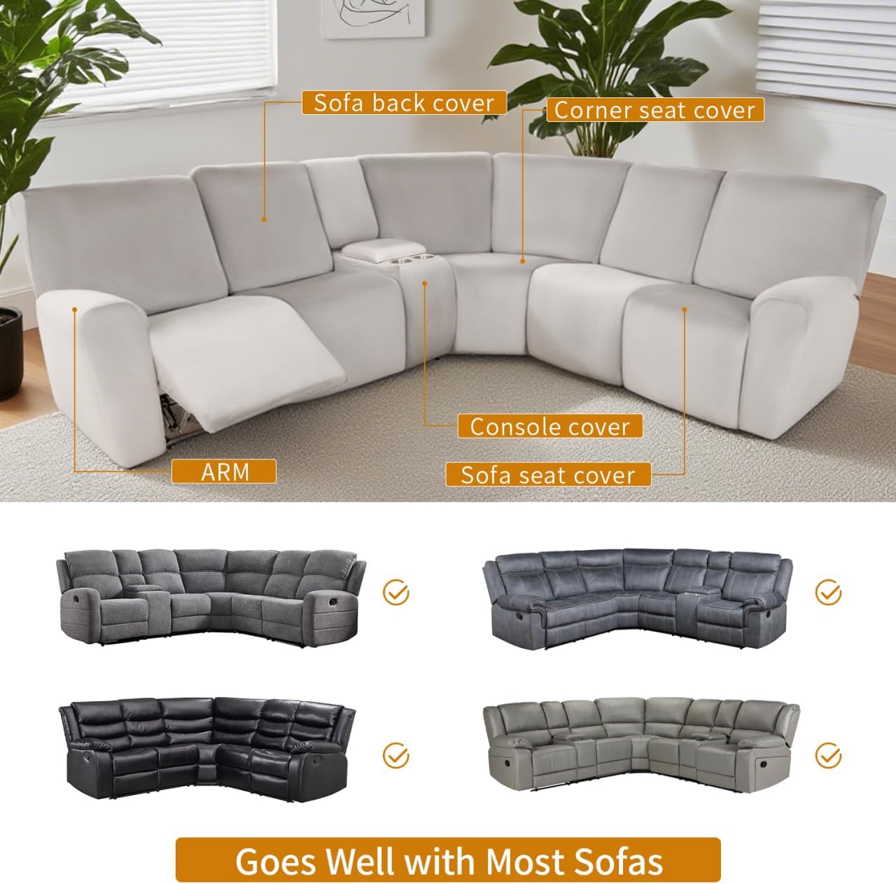 HDCAXKJ Reclining Sectional Couch Covers Velvet L Shaped Sectional Sofa Cover Washable Stretch Soft Corner Recliner Slipcover with Non-Slip Elastic Bottom (5 Seat and 1 Middle Console, Air Gray)