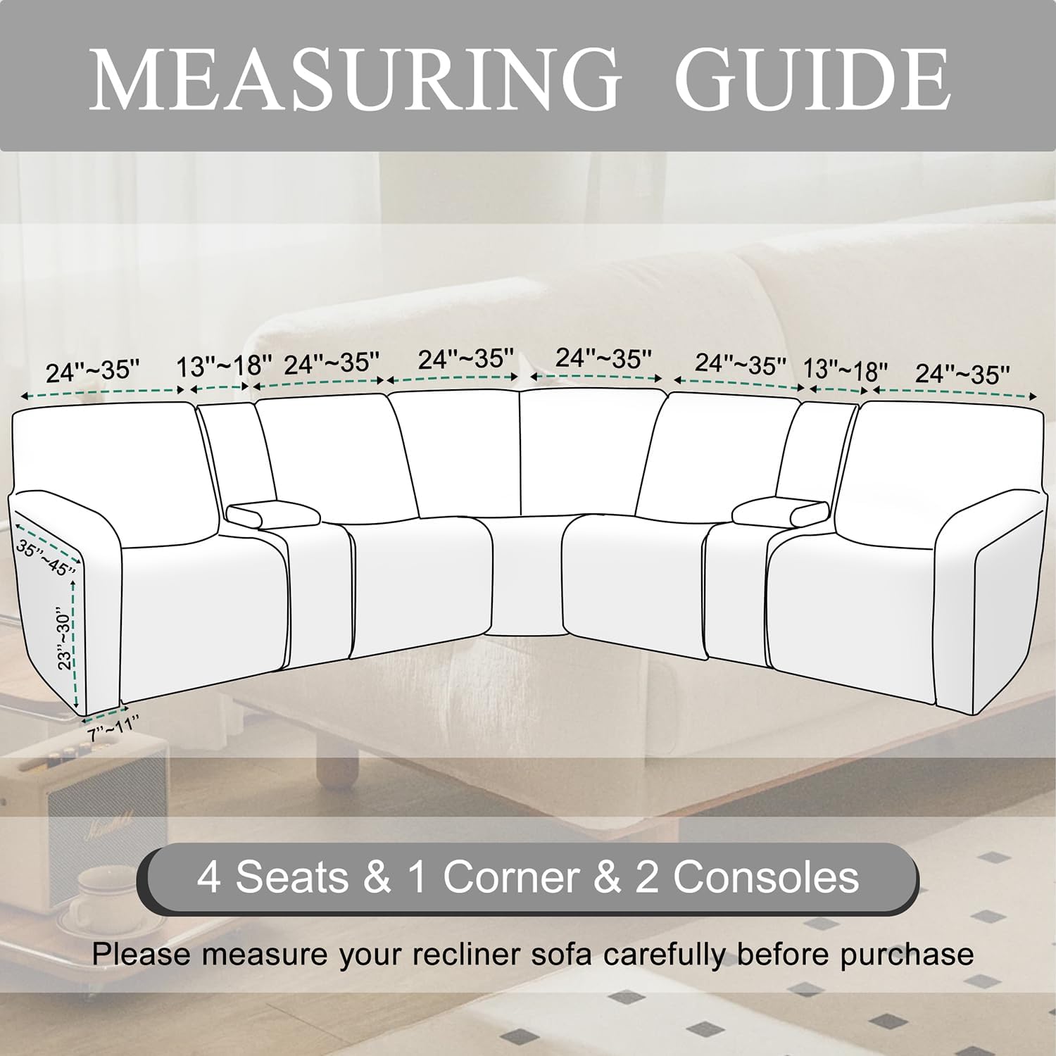 HDCAXKJ Reclining Sectional Couch Covers Velvet L Shaped Sectional Sofa Cover Washable Stretch Soft Corner Recliner Slipcover with Non-Slip Elastic Bottom (5 Seat and 2 Middle Console, Dark Gray)