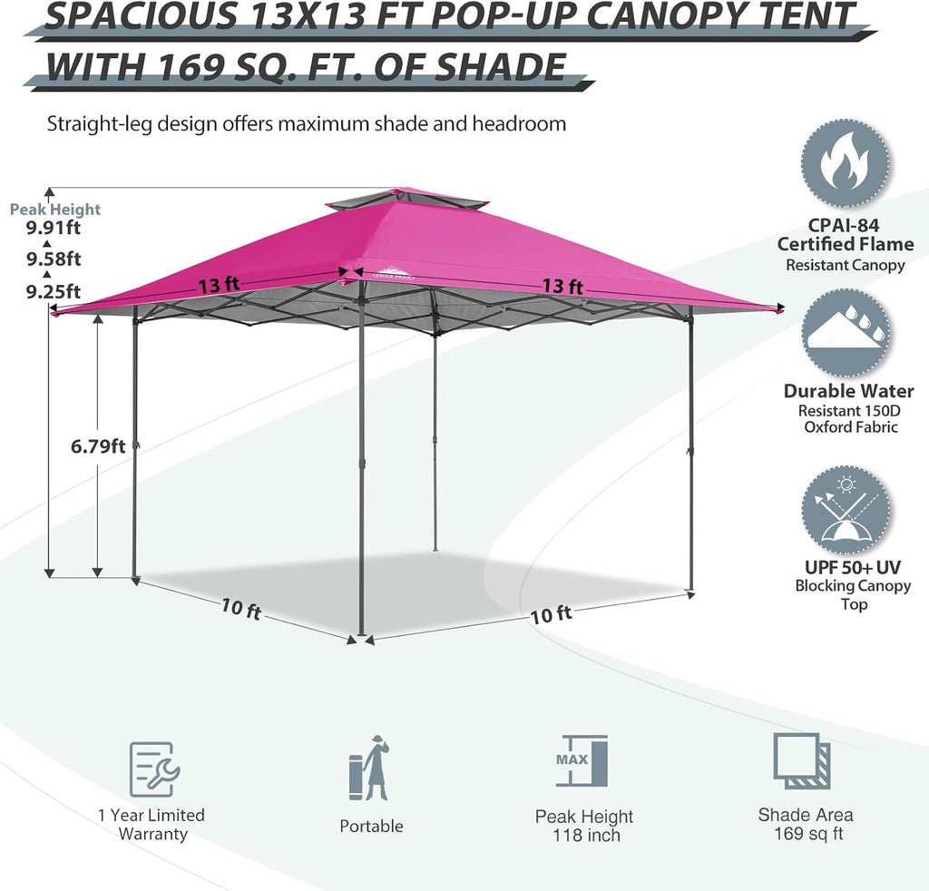 EAGLE PEAK 13x13 Straight Leg Pop Up Canopy Tent Instant Outdoor Canopy Easy Single Person Set up Folding Shelter w/Auto Extending Eaves 169 Square Feet of Shade (Light Pink)