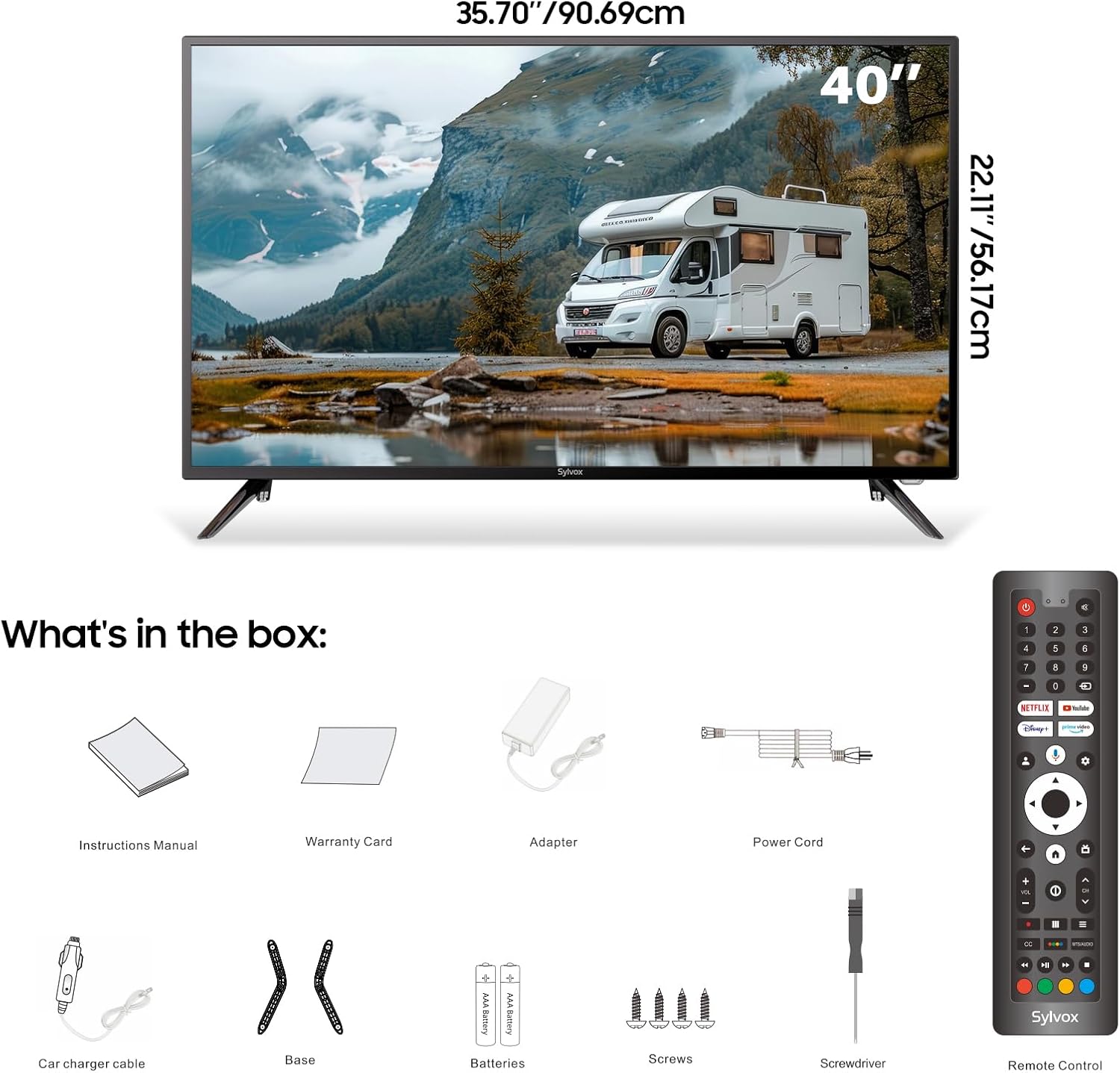 SYLVOX 40' 12V TV for RV, 12-24V DC/110V AC Powered Smart Television, 1080P FHD Google TV with Voice Assistant, WiFi Bluetooth, for Camper Truck Marine & Home