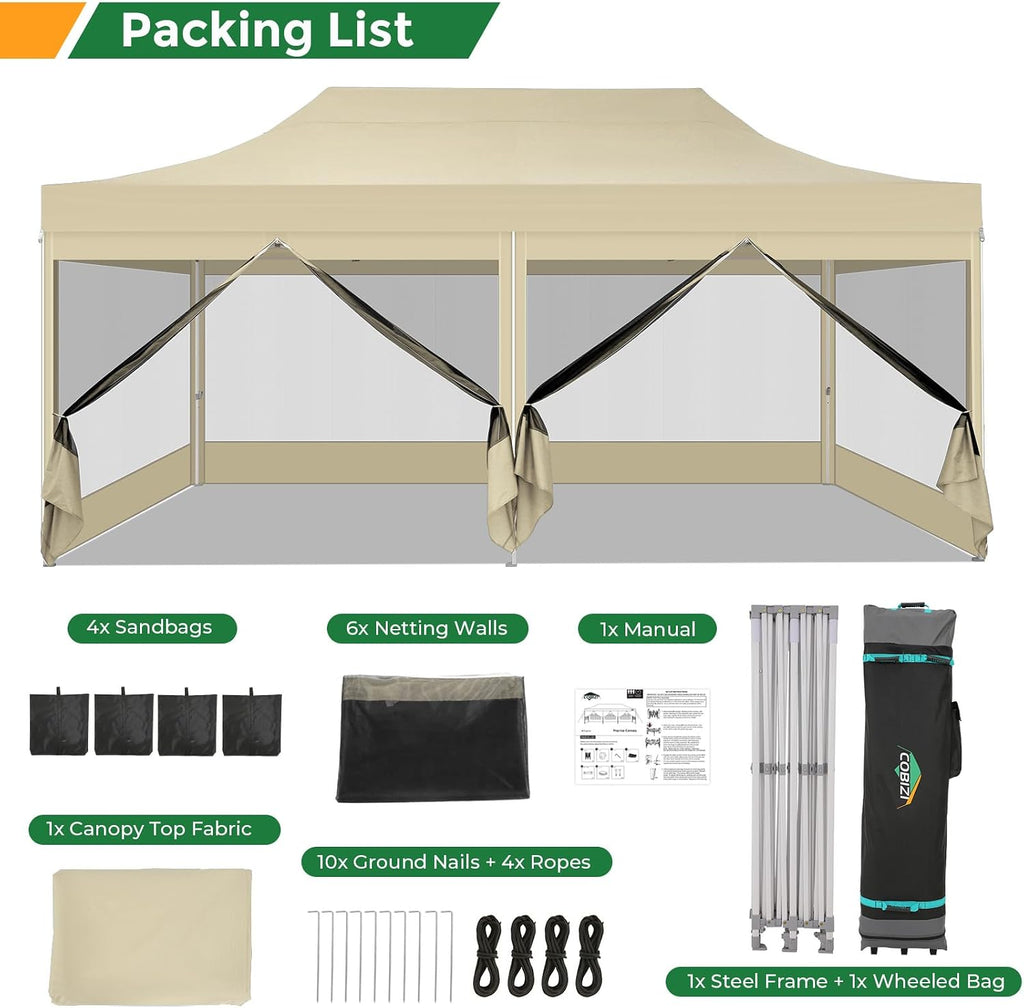 COBIZI 10x20 Heavy Duty Pop Up Canopy Tent with 6 Sidewalls, Easy Set Up Outdoor Waterproof Screen Commercial Party Tent with Mosquito Netting for Parties Backyard Patio, Roller Bag, Khaki