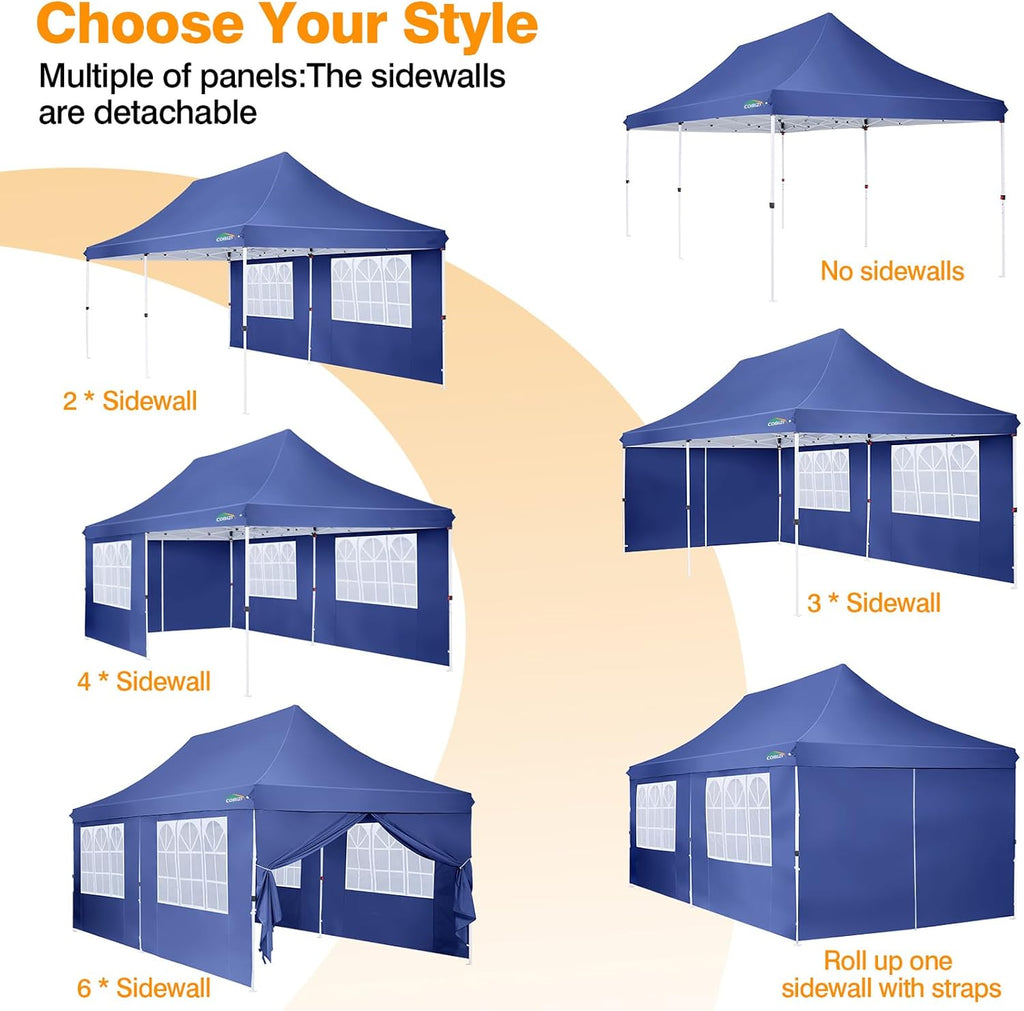 COBIZI Canopy 10x20 Pop Up Canopy Tent with 6 Sidewalls, Waterproof Commercial Canopy Ez Outdoor Instant Gazebo Easy to Set up Event Shelter, Garden Tents for Parties with Sandbags, Dark Blue