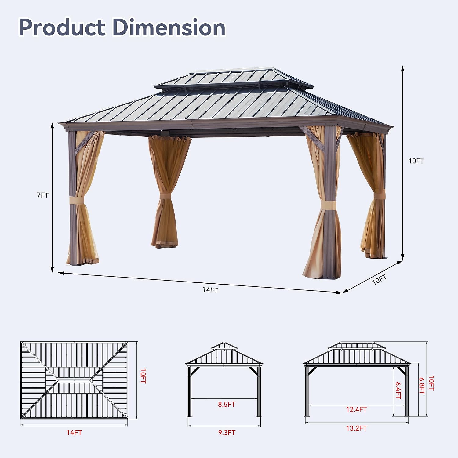 Joyside 10' X 14' Double-Tier Hardtop Gazebo, Aluminum Metal Gazebo with Reinforced Galvanized Steel Roof Curtain and Netting, Permanent Gazebo Pavilion for Patio, Backyard, Deck, Lawn