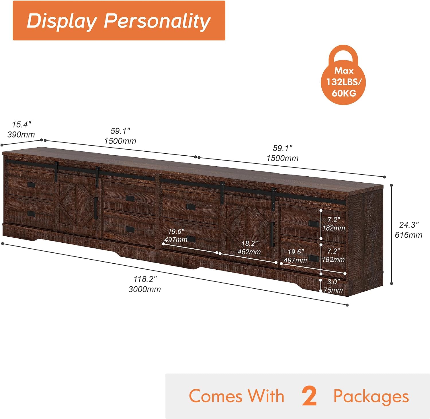 WAMPAT 118' Wide Modern Farmhouse 2 in 1 TV Stand for up to 130' TVs,Faux Bark Finish Wood Entertainment Center with 8 Drawers and Sliding Barn Doors for Living Room, Rustic Brown