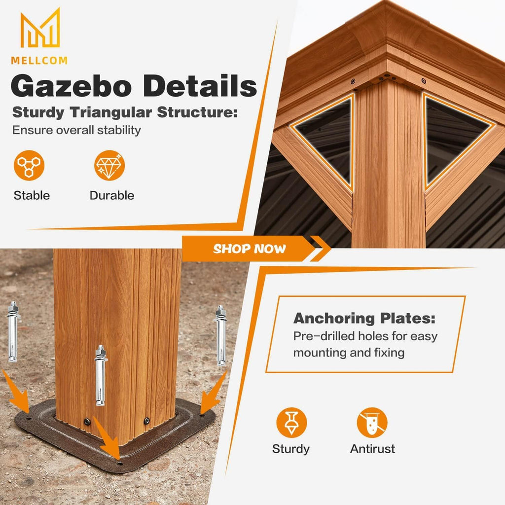 EROMMY 12'x16' Gazebo, Wood Looking Gazebo with Aluminum Frame and Single Galvanized Steel Roof, Outdoor Permanent Metal Pavilion with Curtains and Nettings for Deck, Backyard and Patio