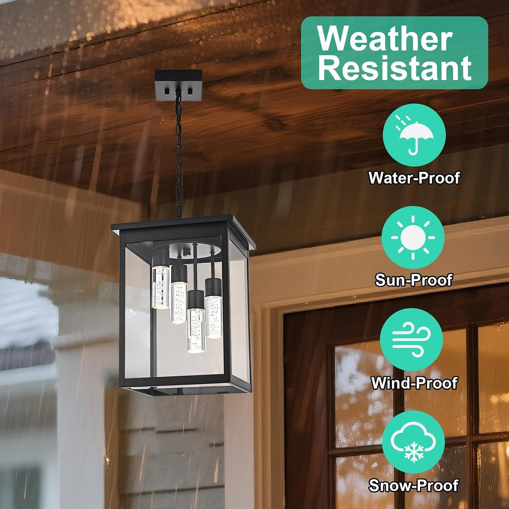 Yaohong 16.7' Large 5CCT LED Outdoor Pendant Light, 4-Lights Modern Black Hanging Ceiling Fixture with Acrylic Column & Clear Glass, Weatherproof Chandelier for Porch Gazebo Patio Entryway