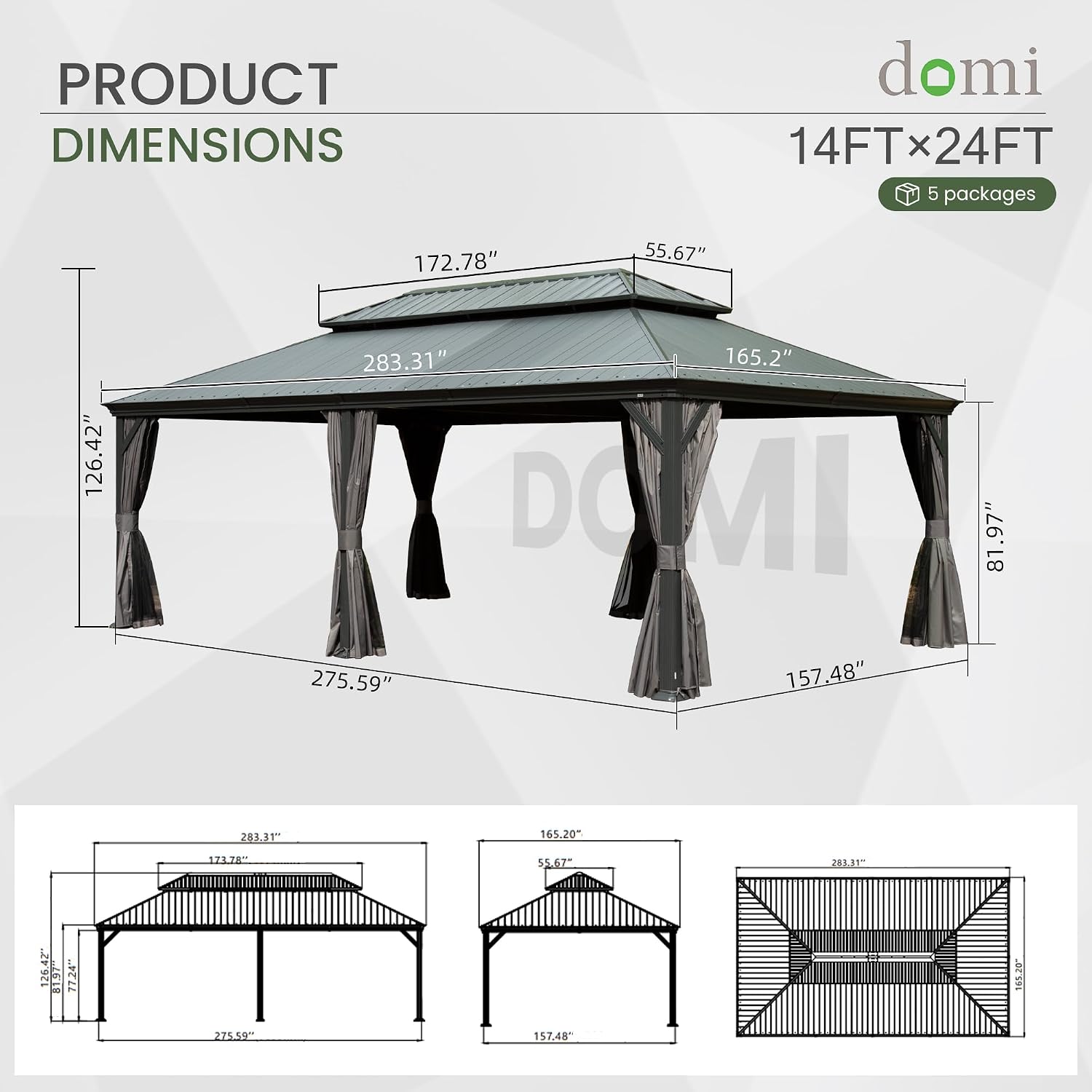 Domi 14' X 24' Hardtop Gazebo, Upgraded Metal Gazebo with Dual-Layer Resin Roof, Drainage System, Curtain and Netting, Outdoor Shelter Canopy for Patio, Garden, and Backyard, Grey
