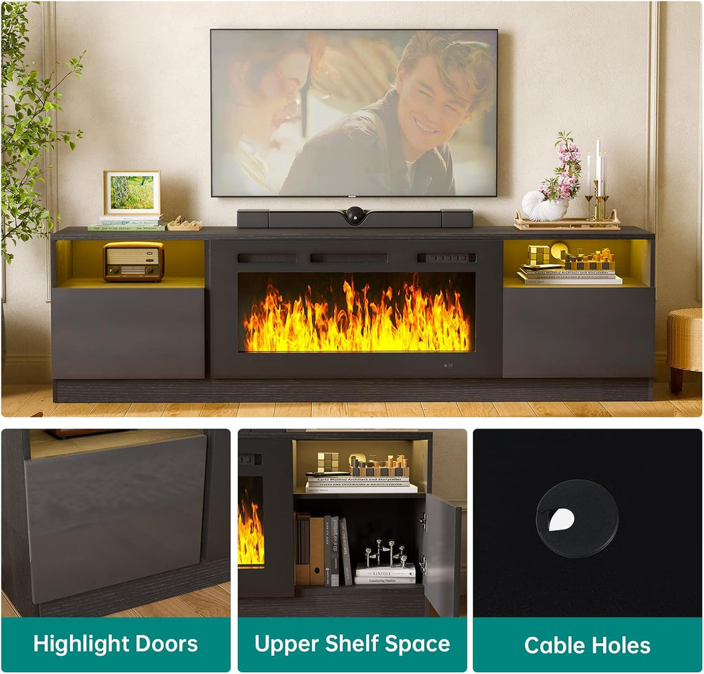 MXV 80' Fireplace TV Stand for TVs Up to 90', LED Light Entertainment Center with 36' Electric Fireplace, Modern Wood Texture TV Media Console with Highlight Storage Cabinet, Black+Black