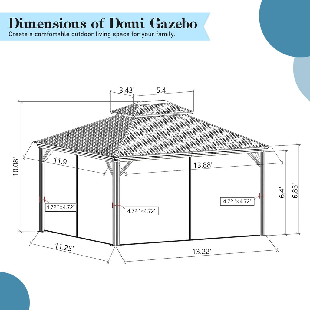 Domi Hardtop Gazebo 12x14FT, Outdoor Gazebo with Galvanized Steel Double Roof, Aluminum Frame, Built-in Gutter System, Curtain and Netting, Metal Gazebo Pavilion for Patio Deck Garden, Grey