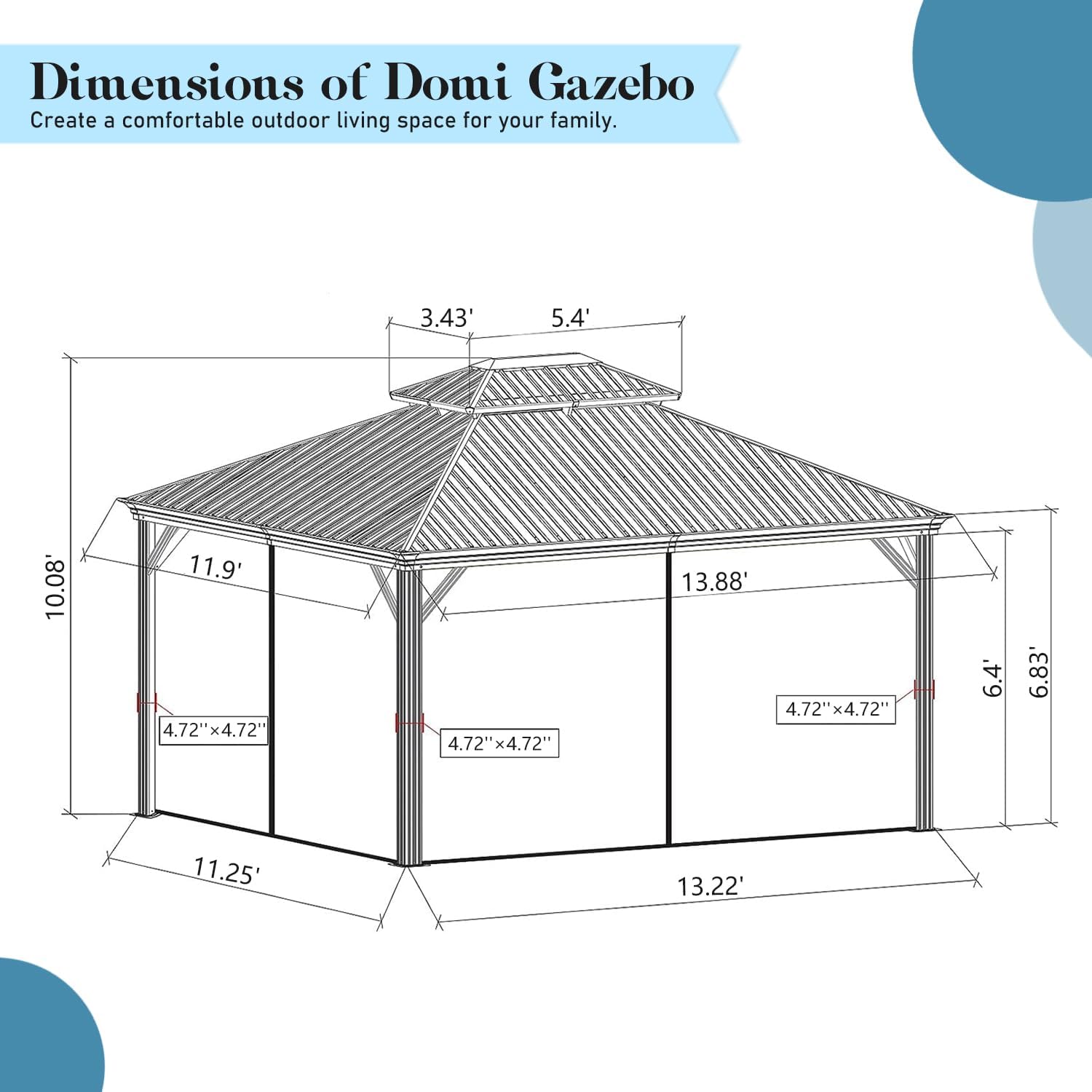 Domi Hardtop Gazebo 12x14FT, Outdoor Gazebo with Galvanized Steel Double Roof, Aluminum Frame, Built-in Gutter System, Curtain and Netting, Metal Gazebo Pavilion for Patio Deck Garden, Grey