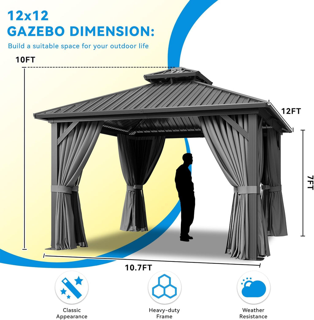 12' x 12' Hardtop Gazebo, Aluminum Frame with Double Galvanized Steel Roof, Outdoor Metal Pavilion with Netting and Curtains for Patio, Backyard, and Deck