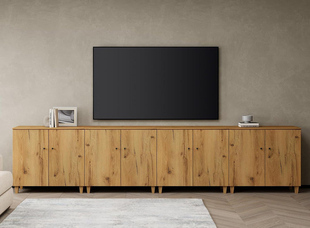 WAMPAT TV Stands Entertainment Center for 100+ Inch TVs, 4-in-1 Wood Television Stand with Doors, 141.6' Extra Wide Modern Media Console Tables with Storage Cabinets for Living Room, Oak Brown