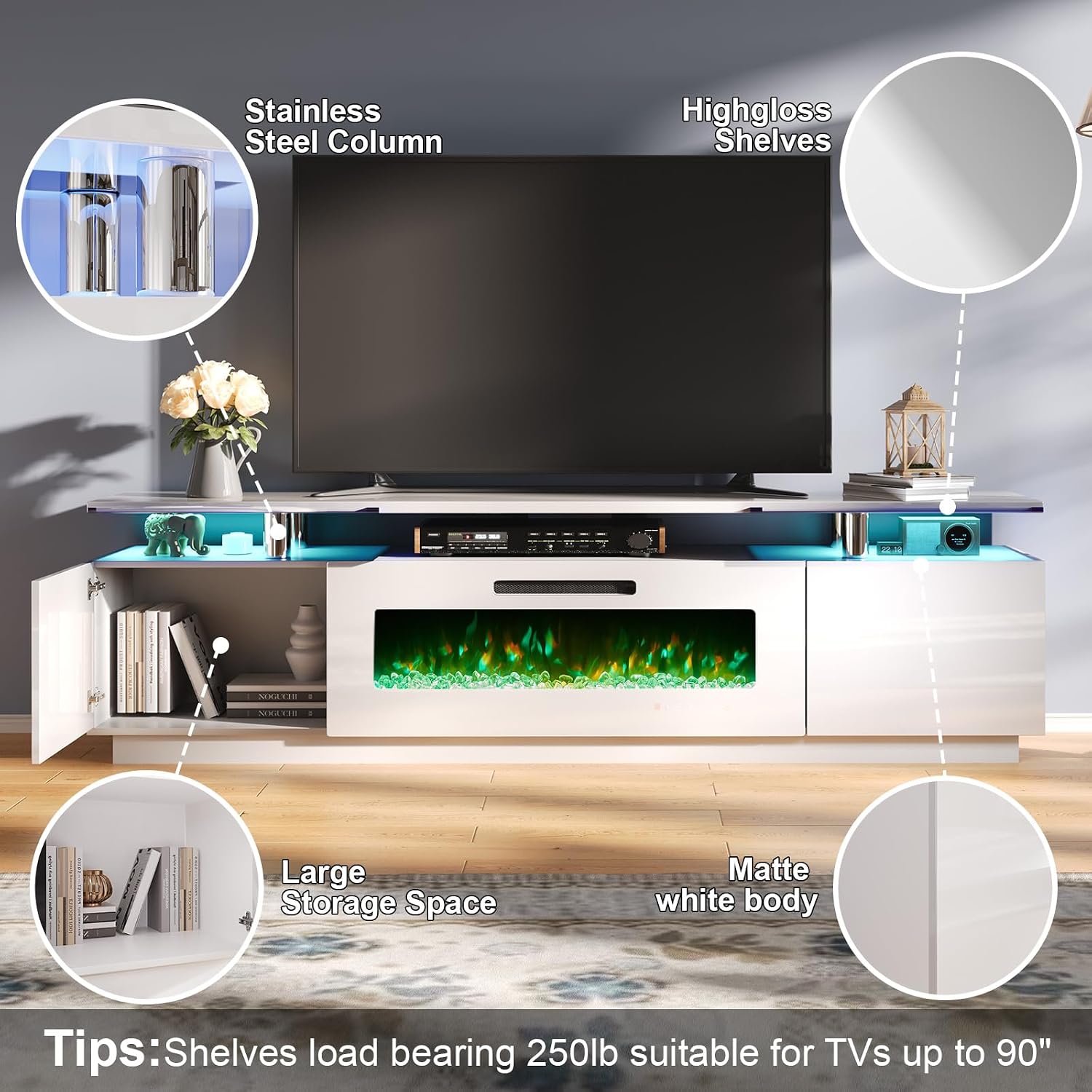 AMERLIFE Entertainment Center with Fireplace and Bookcases, Includes 80' 2-Tier Fireplace TV Stand with 40' Fireplace, 2 x High Gloss Bookshelves with LED Lights & Glass Doors, White