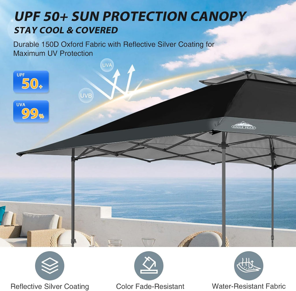 EAGLE PEAK 13x13 Straight Leg Pop Up Canopy Tent Instant Outdoor Canopy Easy Single Person Set up Folding Shelter w/Auto Extending Eaves 169 Square Feet of Shade (Black/Gray)