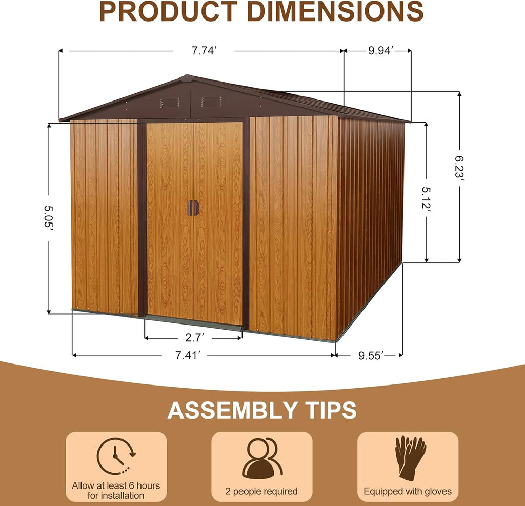 YOPTO 10×8 FT Outdoor Metal Storage Shed with Floor Base,Heavy Duty Garden Shed W/Integrated Punched Vents and Sliding Doors & Padlock,Large Waterproof Storage House for Backyard,Lawn,Coffee
