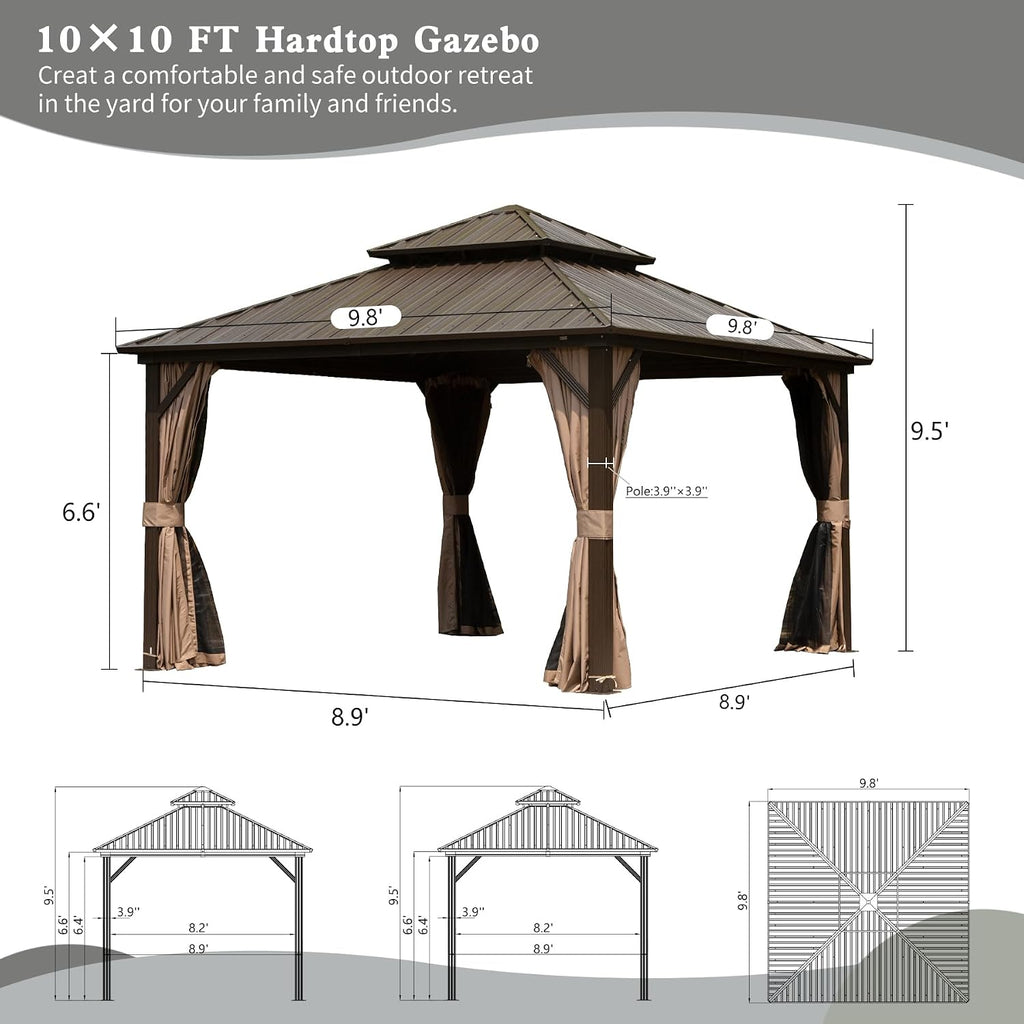 Domi Hardtop Gazebos 10x10FT, Aluminum Metal Gazebo with Galvanized Steel Double Roof Canopy, Curtain and Netting, Permanent Gazebo Pavilion for Patio, Backyard, Deck and Lawn, Brown