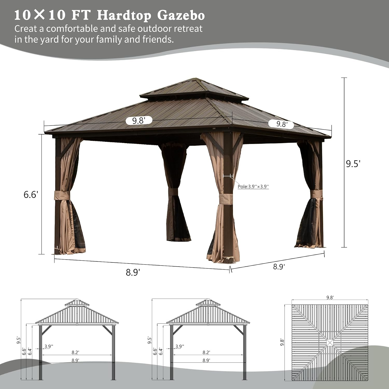 Domi Hardtop Gazebos 10x10FT, Aluminum Metal Gazebo with Galvanized Steel Double Roof Canopy, Curtain and Netting, Permanent Gazebo Pavilion for Patio, Backyard, Deck and Lawn, Brown