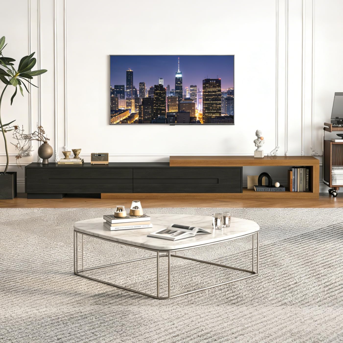Extendable TV Stand with 2 Drawers, 80'-115' Modern Wood TV Console for Up to 120 Inch TV, Long Reversible Entertainment Center with Storage for Living Room Bedroom, Black& Walnut